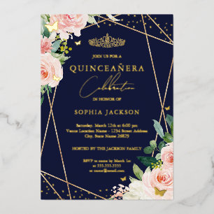 Geometric Blush Navy Floral Foto Quinceanera Folie Uitnodiging