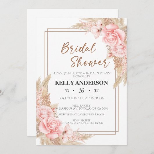 Geometric Boho Pampas Roos Gold Vrijgezellenfeest Kaart (Voorkant / Achterkant)