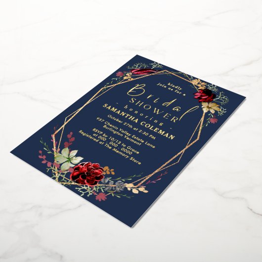 Geometric Boho Wildflower Blue Navy Vrijgezellenfe Folie Uitnodiging (Gedraaid)