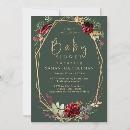 Geometric Boho Wildflower Donk Green Baby shower Kaart (Voorkant)