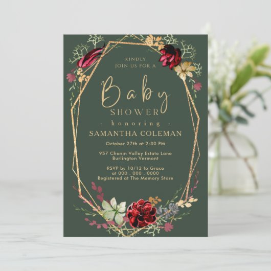 Geometric Boho Wildflower Donk Green Baby shower Kaart (Staand voorkant)