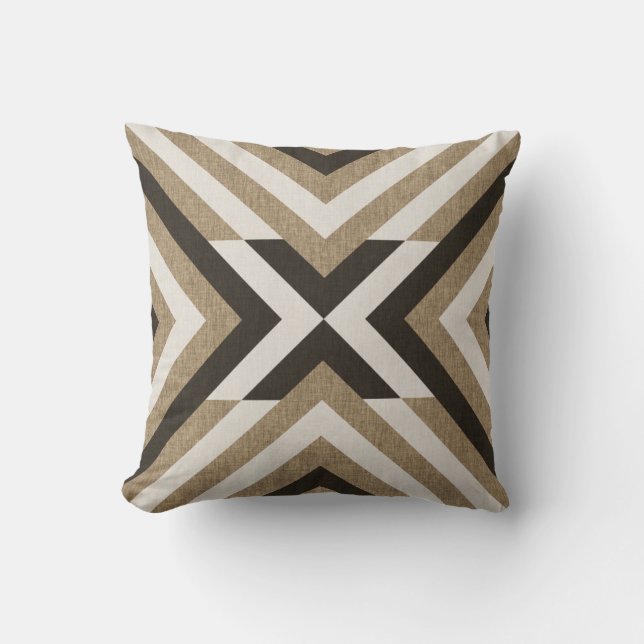 Geometric Brown Faux Burlap Kussen (Voorkant)