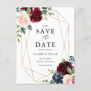 Geometric Burgundy Autumn Flowers Save the Date Aankondigingskaart