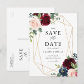 Geometric Burgundy Autumn Flowers Save the Date Aankondigingskaart (Voorkant / Achterkant)