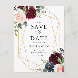 Geometric Burgundy Autumn Flowers Save the Date Aankondigingskaart
