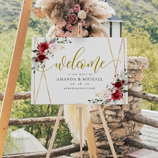 Geometric Burgundy floral Welcome Weddenschap Poster