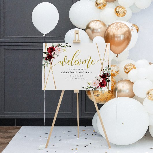 Geometric Burgundy floral Welcome Weddenschap Poster