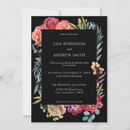Geometric Burgundy Tropical Floral Wedding - Black Kaart (Voorkant)