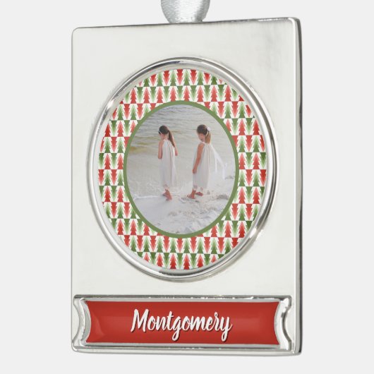 Geometric Christmas Tree Grove Verzilverd Banner Ornament (Links)