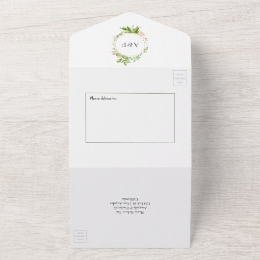 Geometric Crystal Greenery Monogram Weddenschap All In One Uitnodiging (Buitenkant)