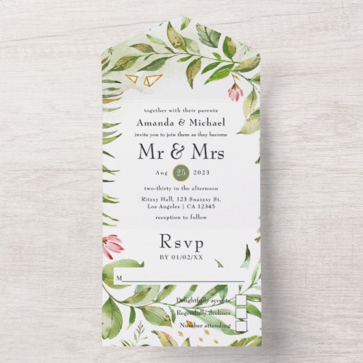 Geometric Crystal Greenery Monogram Weddenschap All In One Uitnodiging (Binnen)