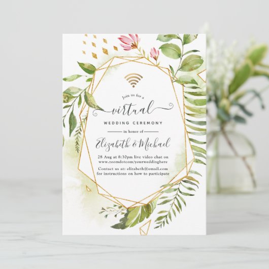 Geometric Crystal Greenery Online Virtual Wedding Kaart (Staand voorkant)