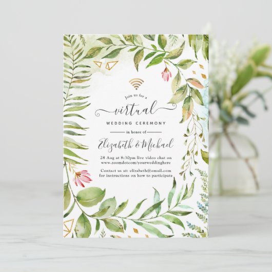 Geometric Crystal Greenery Online Virtual Wedding Kaart (Staand voorkant)