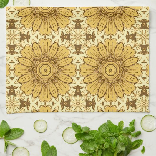 Geometric Daisy Pattern in Mustard Gold Kitchen T Theedoek (Gevouwen)