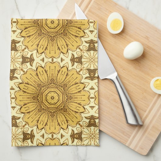 Geometric Daisy Pattern in Mustard Gold Kitchen T Theedoek (Quarter Fold)
