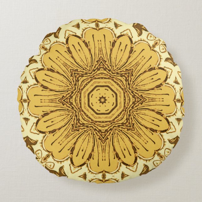 Geometric Daisy Pattern in Mustard Gold Rond Kussen (Voorkant)