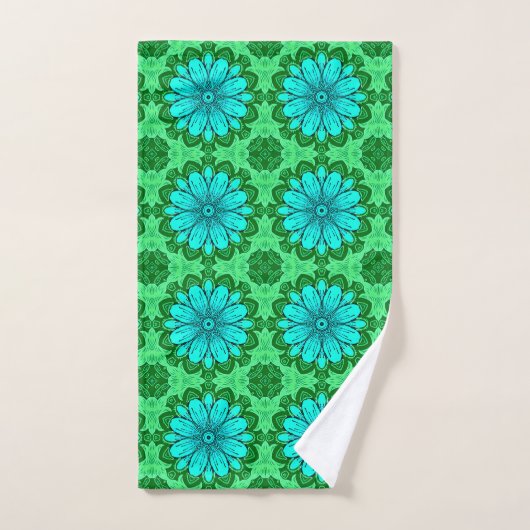Geometric Daisy Pattern in Turquoise en Green Bad Handdoek (Handdoek)