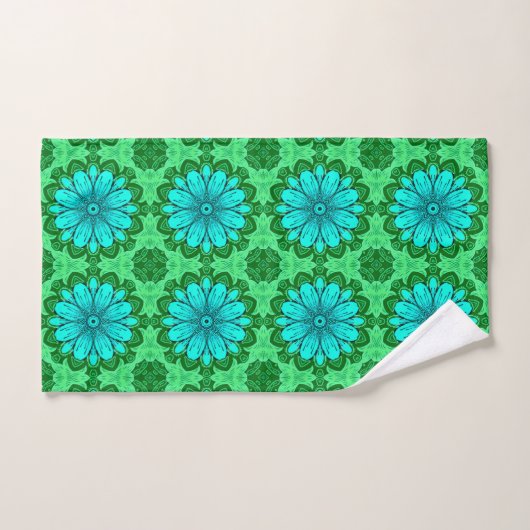 Geometric Daisy Pattern in Turquoise en Green Bad Handdoek (Handdoek)
