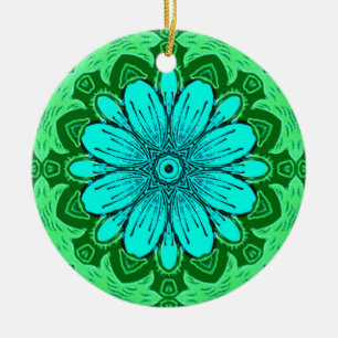 Geometric Daisy Pattern in Turquoise en Green Keramisch Ornament