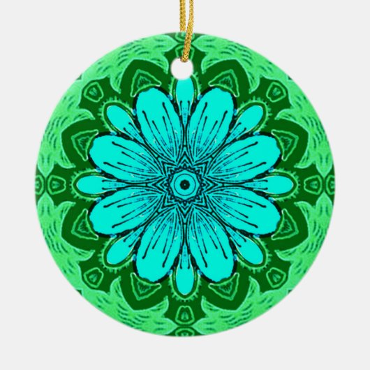 Geometric Daisy Pattern in Turquoise en Green Keramisch Ornament (Voorkant)