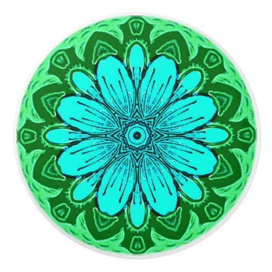 Geometric Daisy Pattern in Turquoise en Green Keramische Knop (Voorkant)