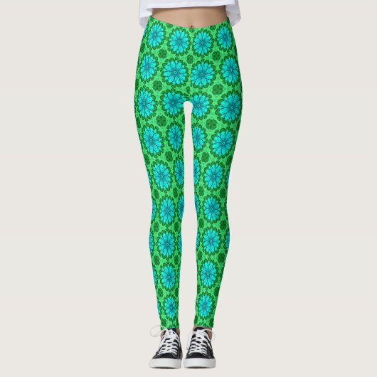 Geometric Daisy Pattern in Turquoise en Green Leggings (Voorkant)