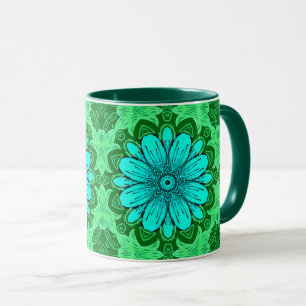 Geometric Daisy Pattern in Turquoise en Green Mok