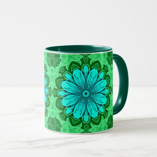 Geometric Daisy Pattern in Turquoise en Green Mok (Voorkant rechts)