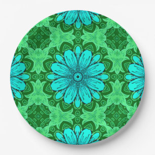 Geometric Daisy Pattern in Turquoise en Green Papieren Bordje