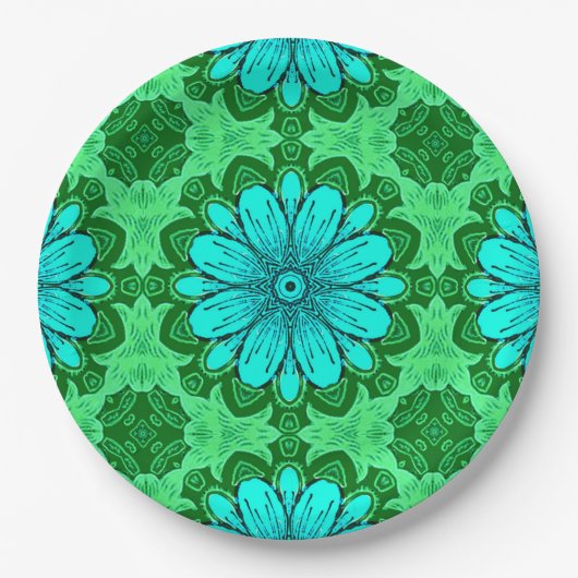 Geometric Daisy Pattern in Turquoise en Green Papieren Bordje (Voorkant)