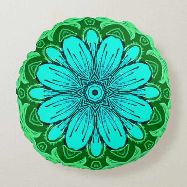 Geometric Daisy Pattern in Turquoise en Green Rond Kussen (Voorkant)