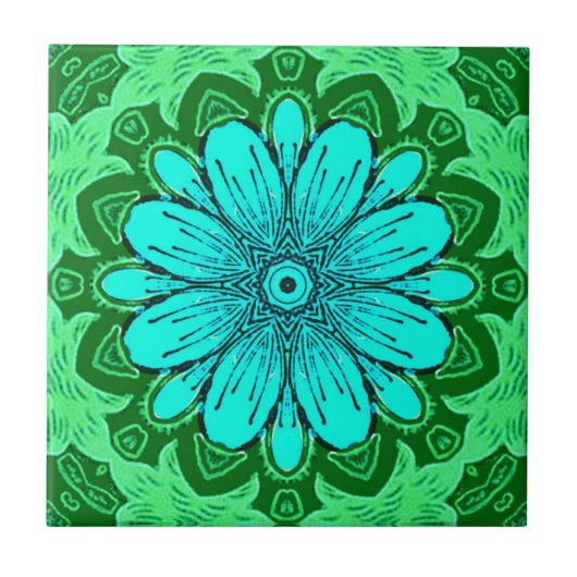 Geometric Daisy Pattern in Turquoise en Green Tegeltje (Voorkant)