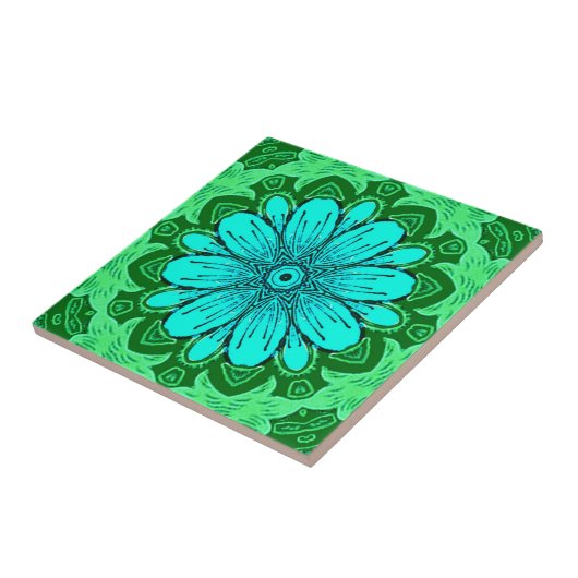 Geometric Daisy Pattern in Turquoise en Green Tegeltje (Zijkant)
