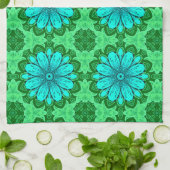 Geometric Daisy Pattern in Turquoise en Green Theedoek (Gevouwen)