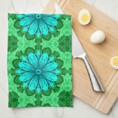 Geometric Daisy Pattern in Turquoise en Green Theedoek (Quarter Fold)