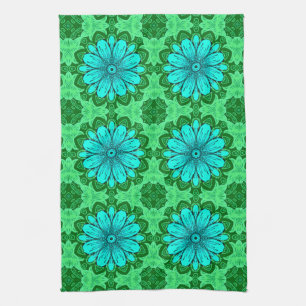 Geometric Daisy Pattern in Turquoise en Green Theedoek