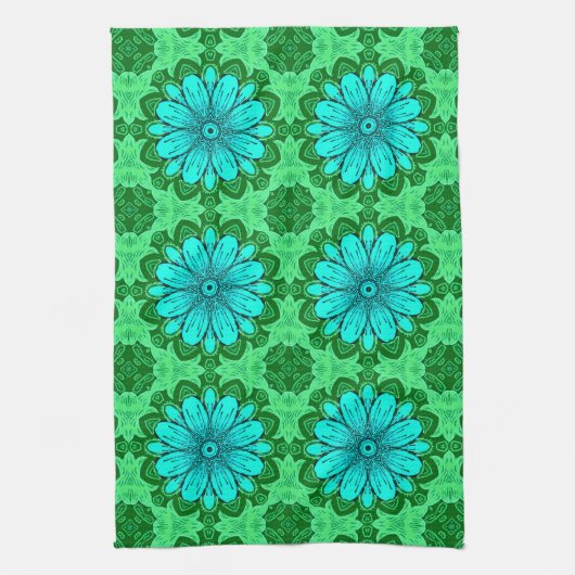 Geometric Daisy Pattern in Turquoise en Green Theedoek (Verticaal)