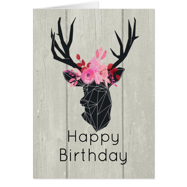 Geometric Deer Head met Floral Crown on Fake Wood (Voorkant)