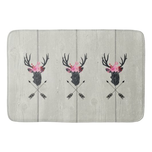 Geometric Deer Head met Floral Crown on Fake Wood Badmat (Voorkant)