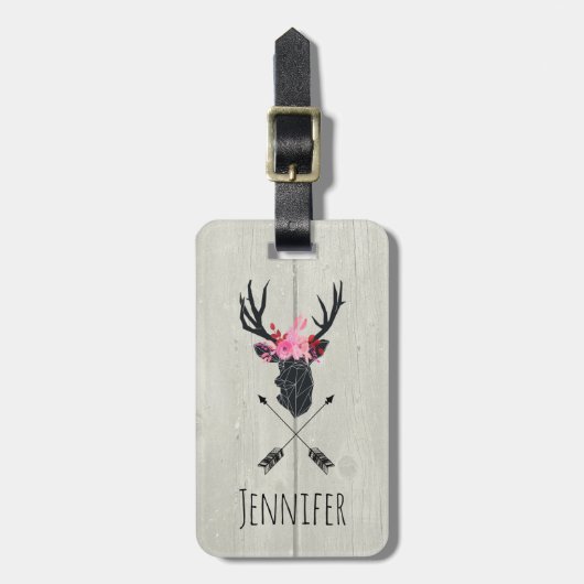 Geometric Deer Head met Floral Crown on Fake Wood Bagagelabel (Voorkant verticaal)