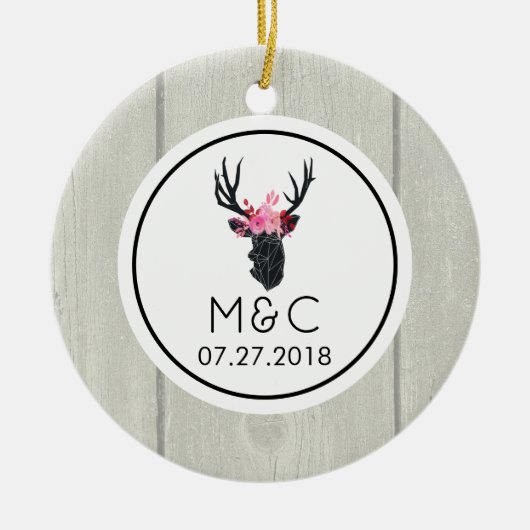 Geometric Deer Head met Floral Crown on Fake Wood Keramisch Ornament (Voorkant)