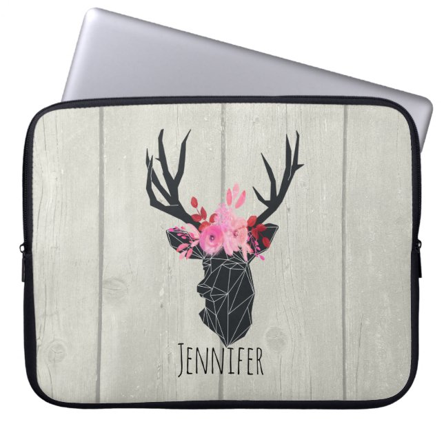 Geometric Deer Head met Floral Crown on Fake Wood Laptop Sleeve (Voorkant)