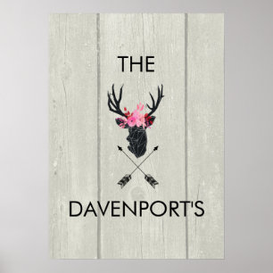 Geometric Deer Head met Floral Crown on Fake Wood Poster
