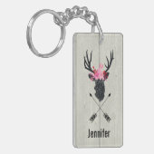 Geometric Deer Head met Floral Crown on Fake Wood Sleutelhanger (Voorkant Links)