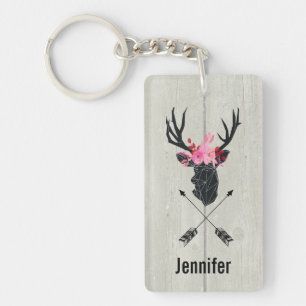 Geometric Deer Head met Floral Crown on Fake Wood Sleutelhanger