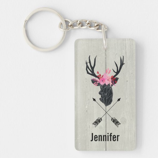 Geometric Deer Head met Floral Crown on Fake Wood Sleutelhanger (Voorkant)