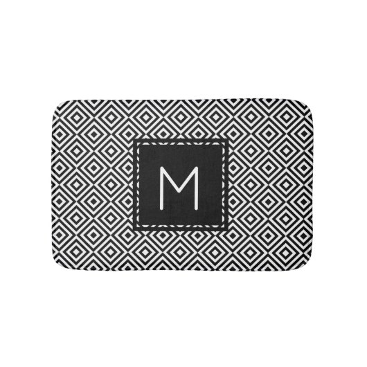 Geometric Diamond Pattern Black and White Monogram Badmat (Voorkant)