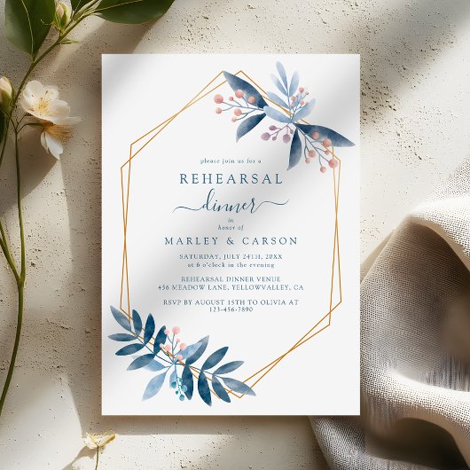 Geometric Dusty Blue Elegant Rehearsal Dinner Kaart