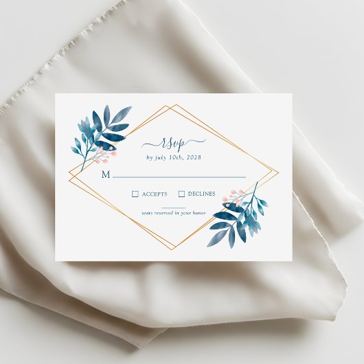 Geometric Dusty Blue Greenery Wedding RSVP Card Kaartje