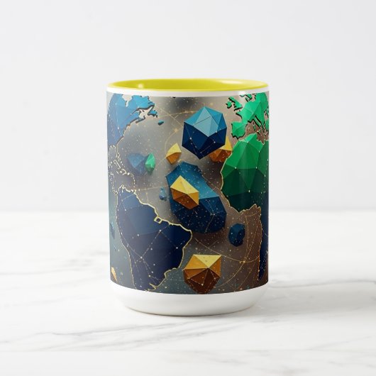 Geometric Earth Art, Abstract Global Network Mug Tweekleurige Koffiemok (Center)